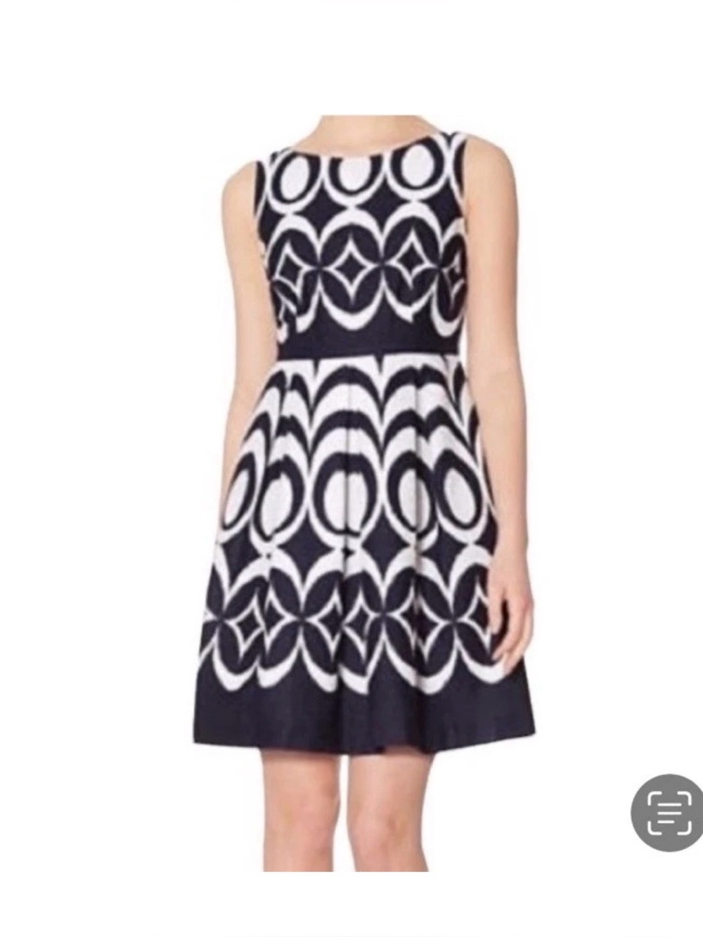 Sleeveless Navy & White Geometric Fit-and-Flare Dress